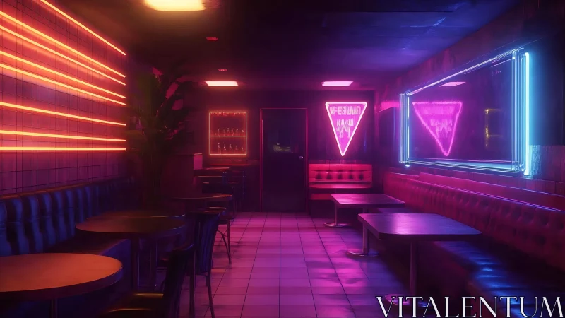 Neon lit bar interior with booths, tables and tiled floor.