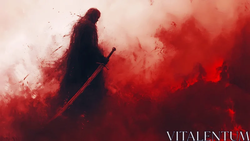 Lone warrior rests in swirling red mist with silent sword.
