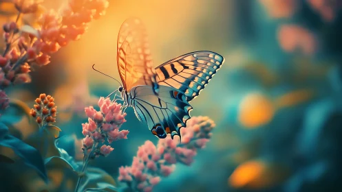 Gentle butterfly resting in dreamy flower garden light.