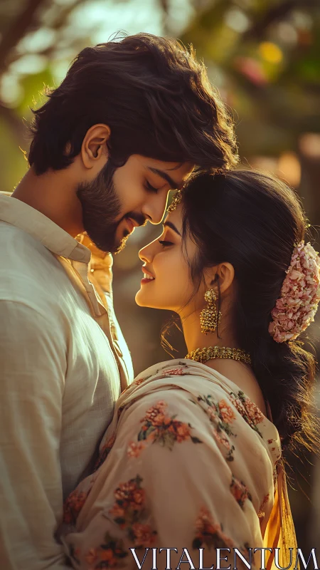 Golden-Hour Portraiture of Traditional Costumed Couple in Intimate Proximity.