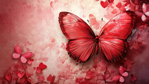 Crimson butterfly spreads wings over textured rose backdrop.