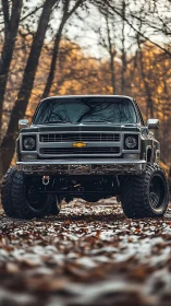 Classic lifted Chevy truck enjoying a crisp autumn forest drive.
