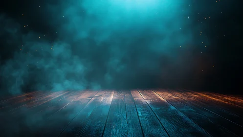 Cinematic wooden stage with atmospheric teal spotlight haze.