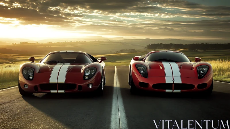 Twin crimson racers greet a sunrise-drenched open highway.