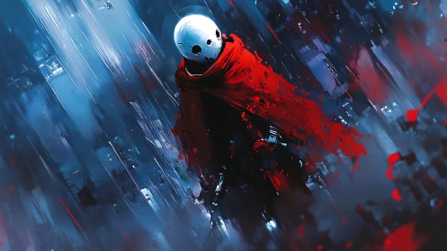 Masked figure in red scarf strides through abstract cityscape