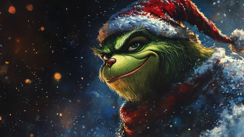 Green furry holiday trickster in red Santa hat, close-up profile