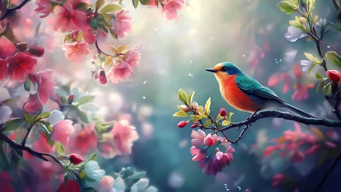 Colorful songbird on flowering branch in soft spring light.