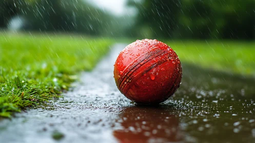 Wet red cricket ball on rain-soaked pitch with shallow depth of field