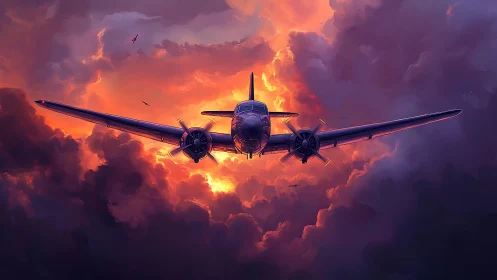 Twin‑engine propeller aircraft cuts through burning storm clouds