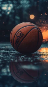 Outdoor basketball on wet court with dramatic low lighting.