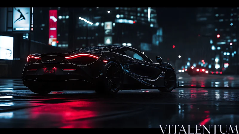 Supercar rear profile illuminated by neon city lights at night