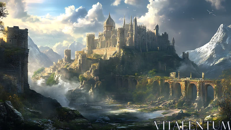 Sunlit mountain citadel dreaming above misted riverlands.
