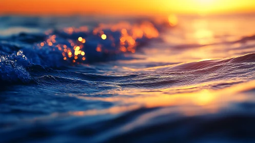 Sunlit shoreline waves in glowing orange twilight light.