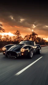 Midnight-black cobra roadster devours a sunset highway