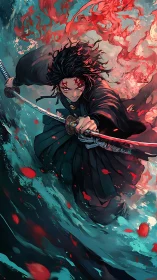 Fierce sword dancer riding storm and flame in midair.