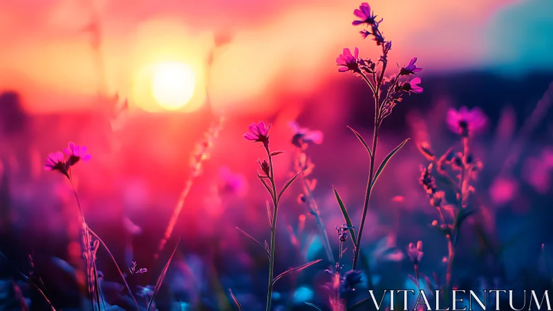 Wildflower silhouettes under neon sunset glow.