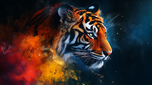 Tiger portrait with vivid smoke and dark cosmic background.