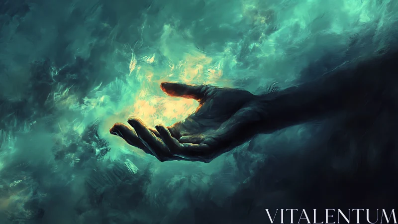 Starlit hand cradling emberfire in swirling teal cosmos.