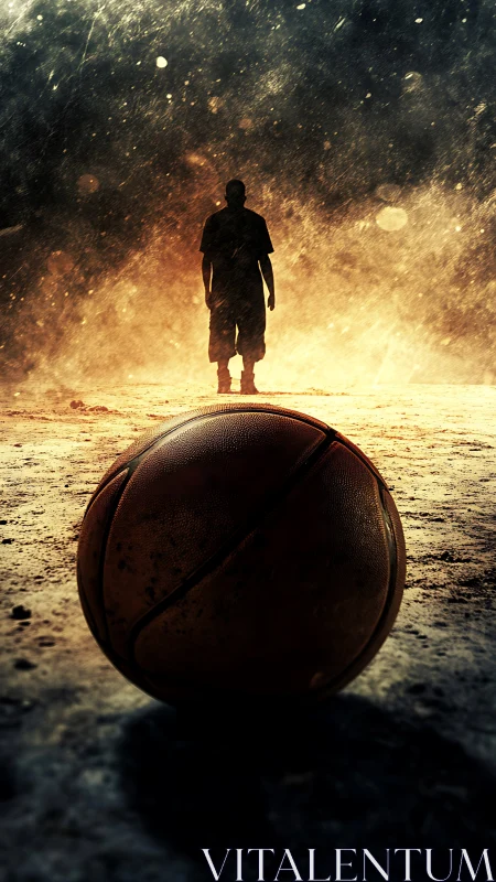 Backlit street basketball scene with solitary player silhouette.