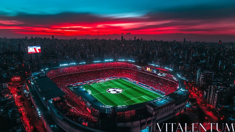 Neon twilight wraps a roaring city stadium in electric color