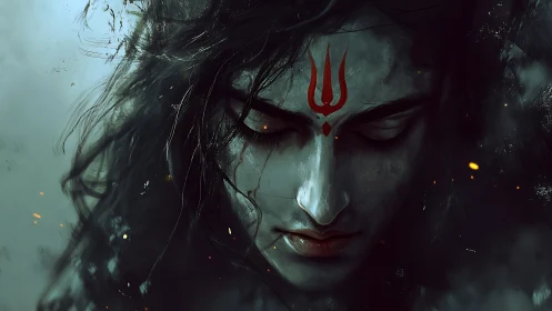 Lowered gaze portrait with trishul tilak and cinematic smoke lighting