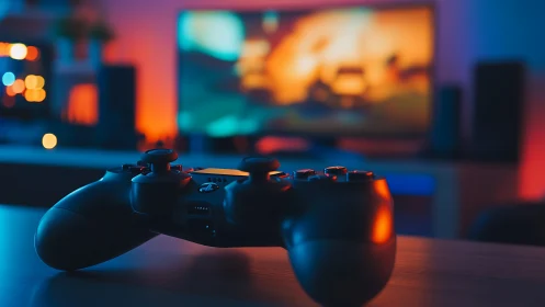 Game controller on table before defocused TV display.