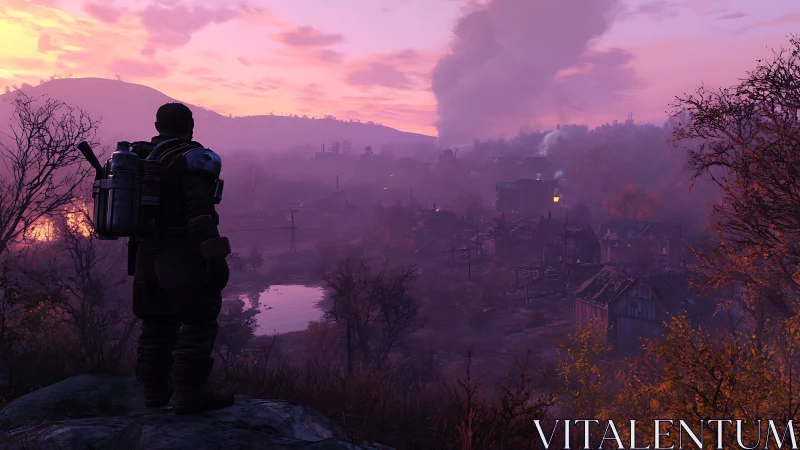 Heavily armored explorer surveys fog-diffused postwar valley settlement