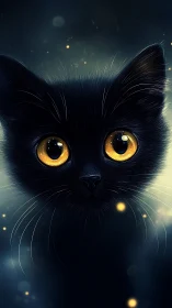 Black Cat with Golden Eyes in Magical Dark Setting.