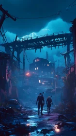 Stormlit explorers walk a ruined city street with quiet resolve
