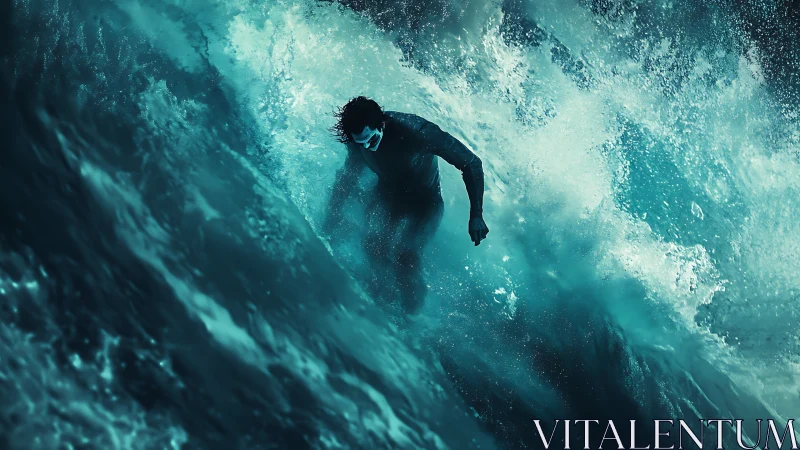 Stormrider locked in teal waves of roaring liquid thunder.