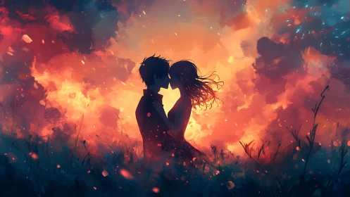 Silhouetted Couple Embracing in Fiery Sky.