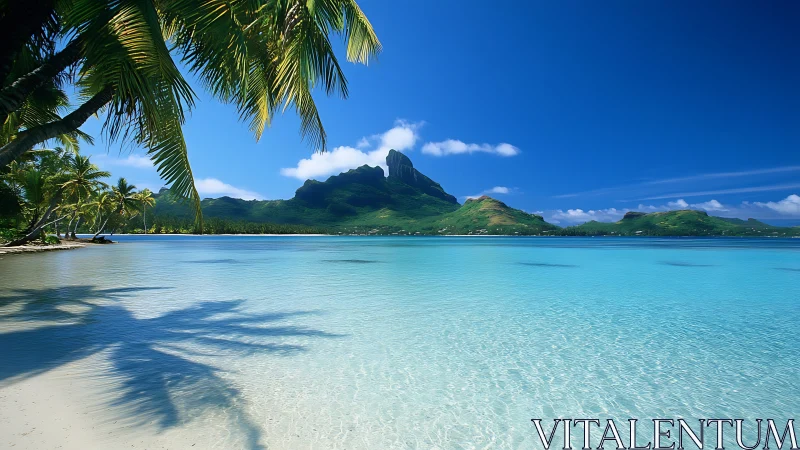 Tropical Lagoon with Volcanic Peak and Palm Shade Composition