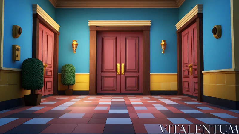 Whimsical hallway of crimson doors in storybook symmetry.