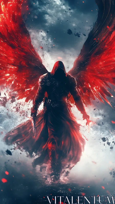 Hooded crimson angel storms sky with burning blood wings.