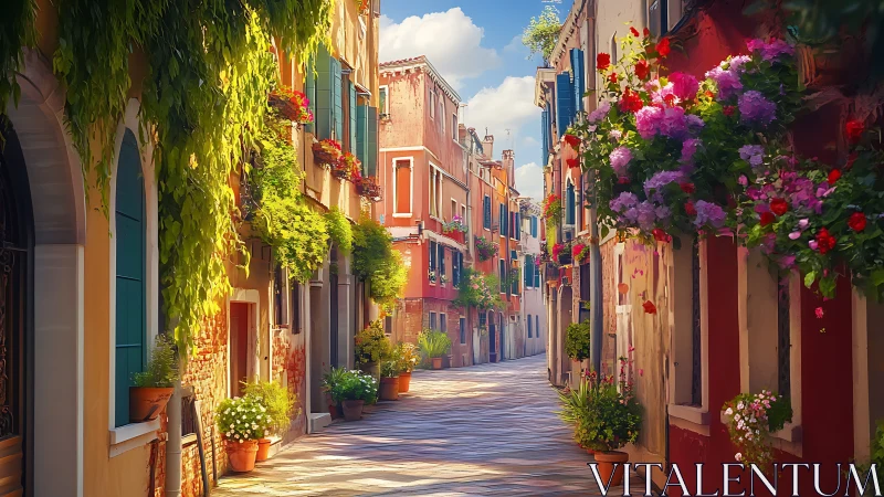 Sunlit Mediterranean alleyway glowing with lush florals.