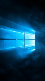 Glowing blue window logo cuts through dark digital mist