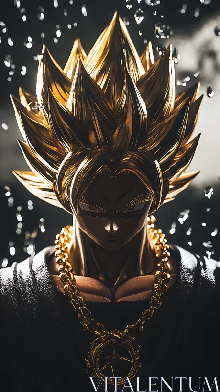 Golden thunder warrior crowned in spiked cosmic chrome hair.