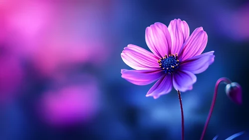 Luminous Purple Cosmos Flower in Dreamy Blue Light.