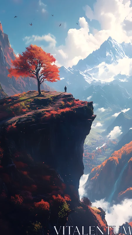 Lone figure under crimson tree on high mountain cliff.