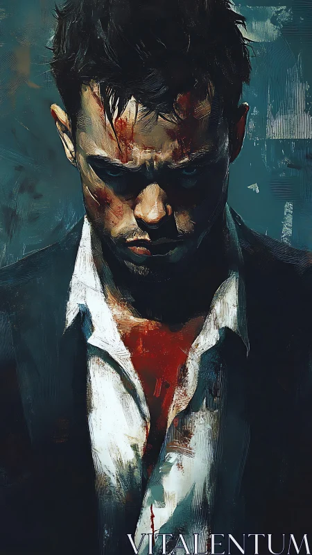 Bloodstained fighter stares down, shadowed by regret.