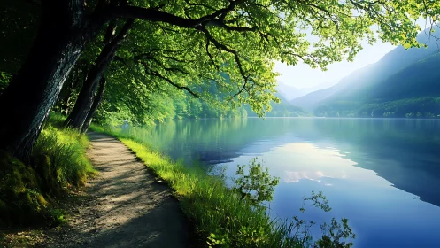 Shaded forest path running beside calm reflective lake.