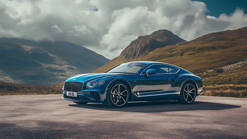 Blue luxury coupe parked on open mountain roadside under clouds.