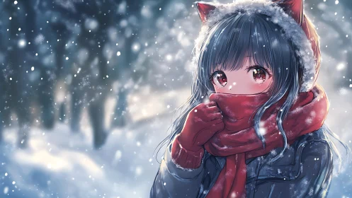 Snowfield portrait of scarfed anime girl with bokeh snowfall.