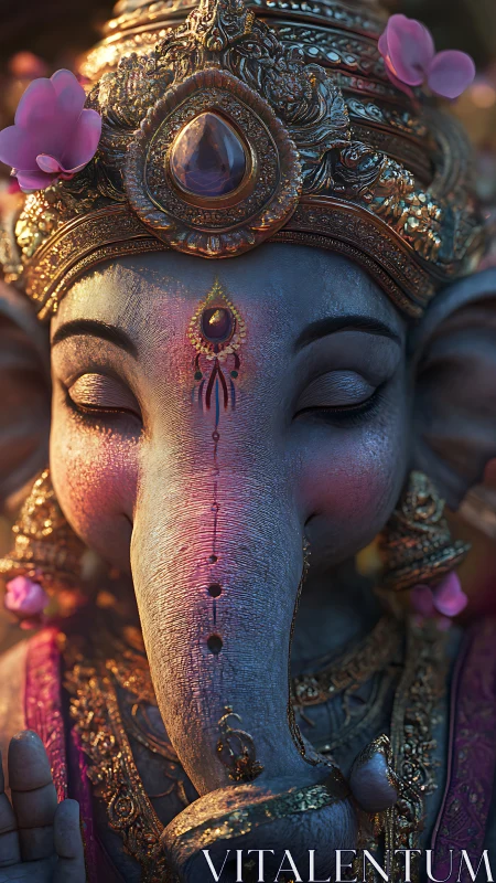 Detailed anthropomorphic elephant deity portrait in profile.
