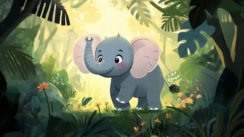 Stylized cartoon elephant stands centered in dense jungle clearing