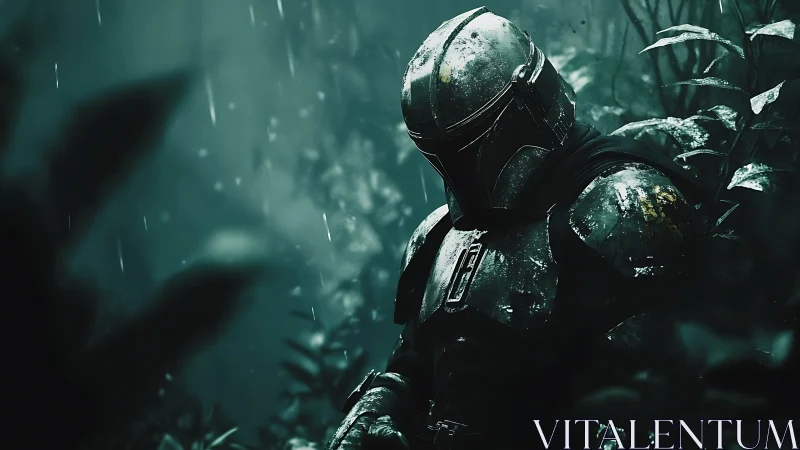 Lone armored wanderer resting in a misty emerald jungle.