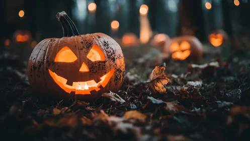 Illuminated jack o lanterns arranged on forest floor at dusk.