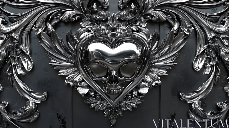 Chrome skull heart framed by ornate baroque metallic scrolls.