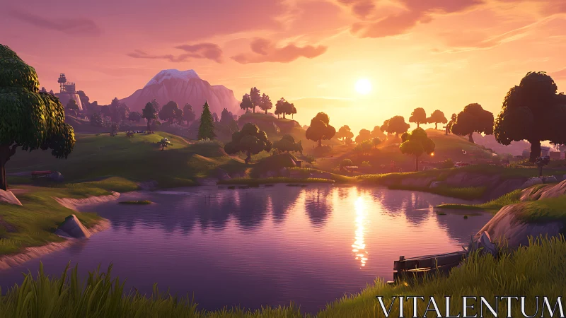 Colorful stylized lake landscape under bright sunset light.