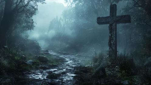 Rain-soaked forest cross dominating a misty twilight path.